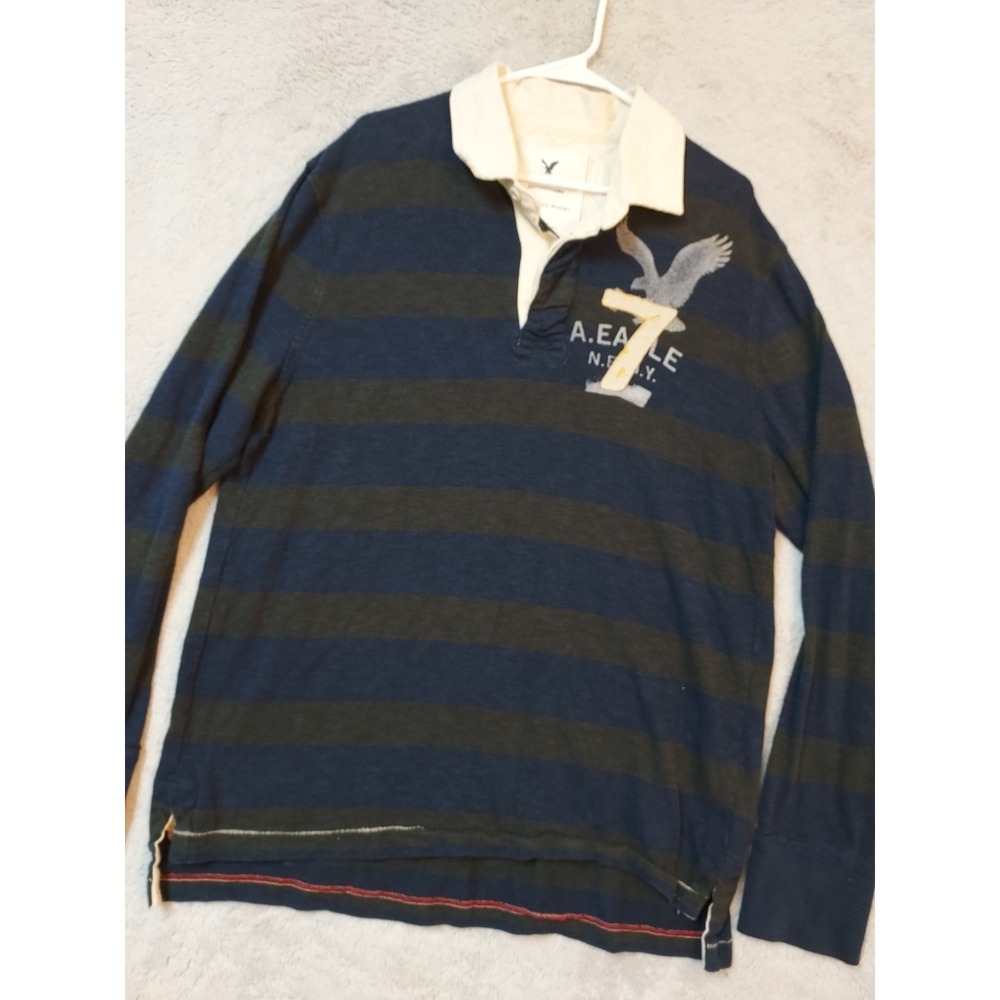 American Eagly Rugby Shirt Mens Extra Large Heavyweight Striped Preppy Blue XL